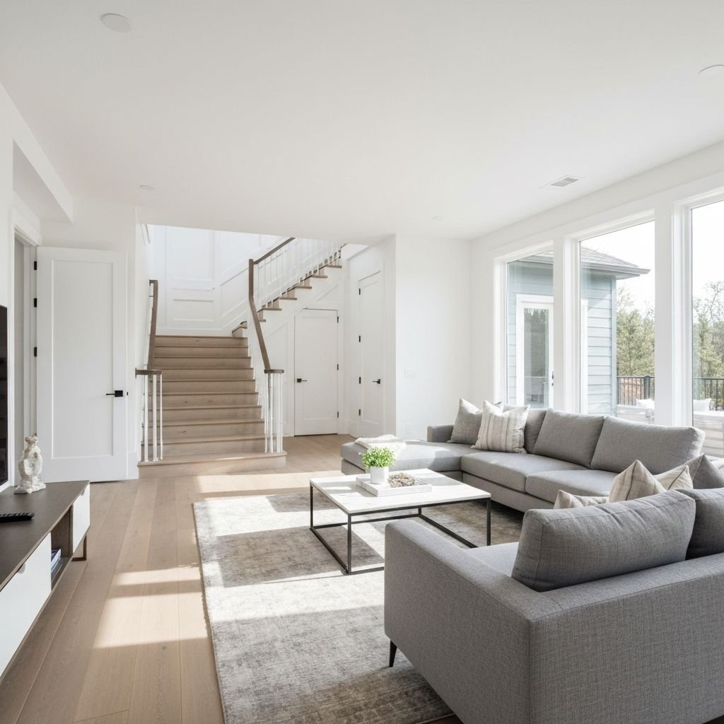Open living space with staircase, sofa and large windows