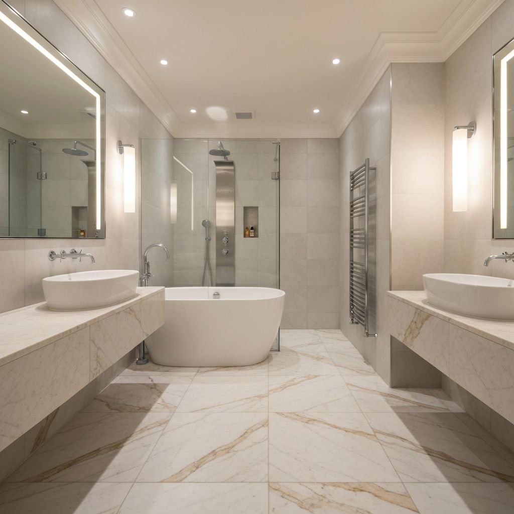 Spa-style master bathroom with freestanding tub and marble floor