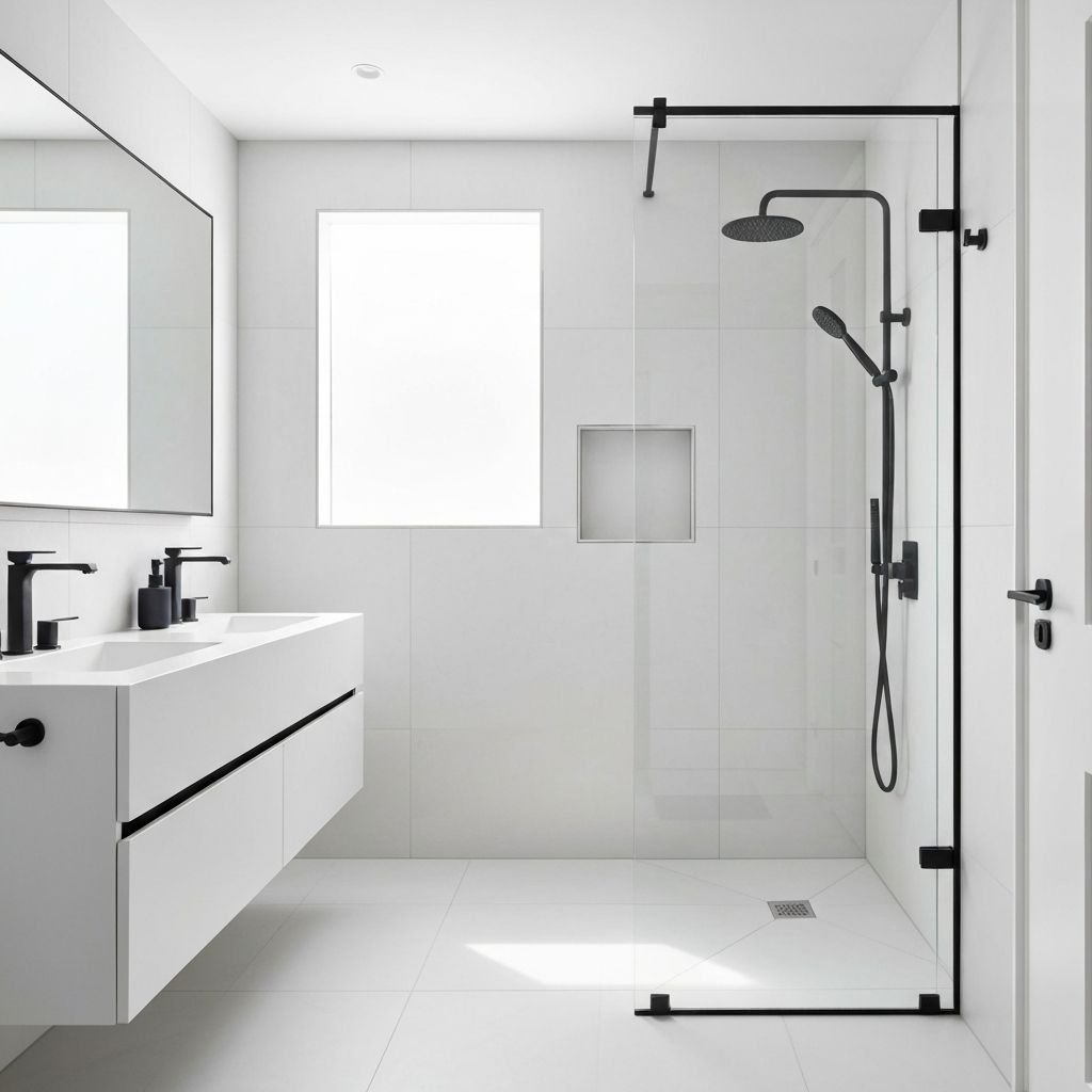 Modern bathroom with walk-in shower and floating white vanity