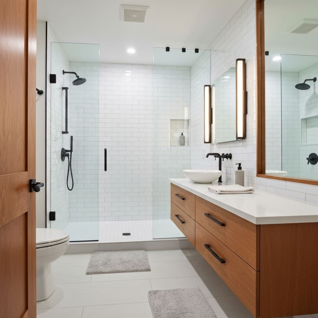 Remodeled bathroom with walk-in glass shower and wood vanity