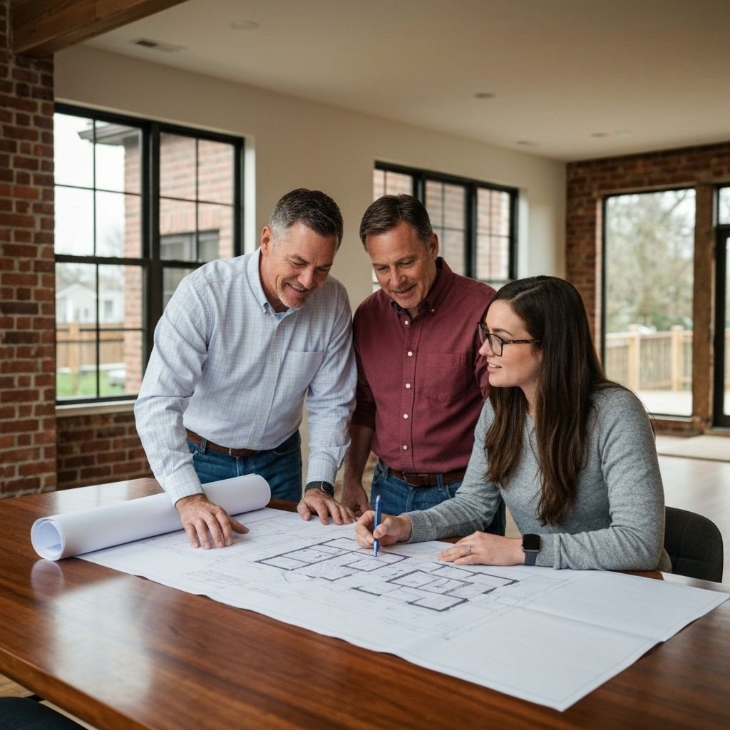 Contractors and homeowners reviewing renovation plans