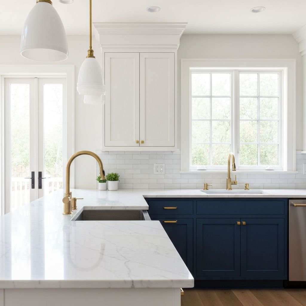 Remodeled kitchen with white cabinets, navy island base and quartz countertop