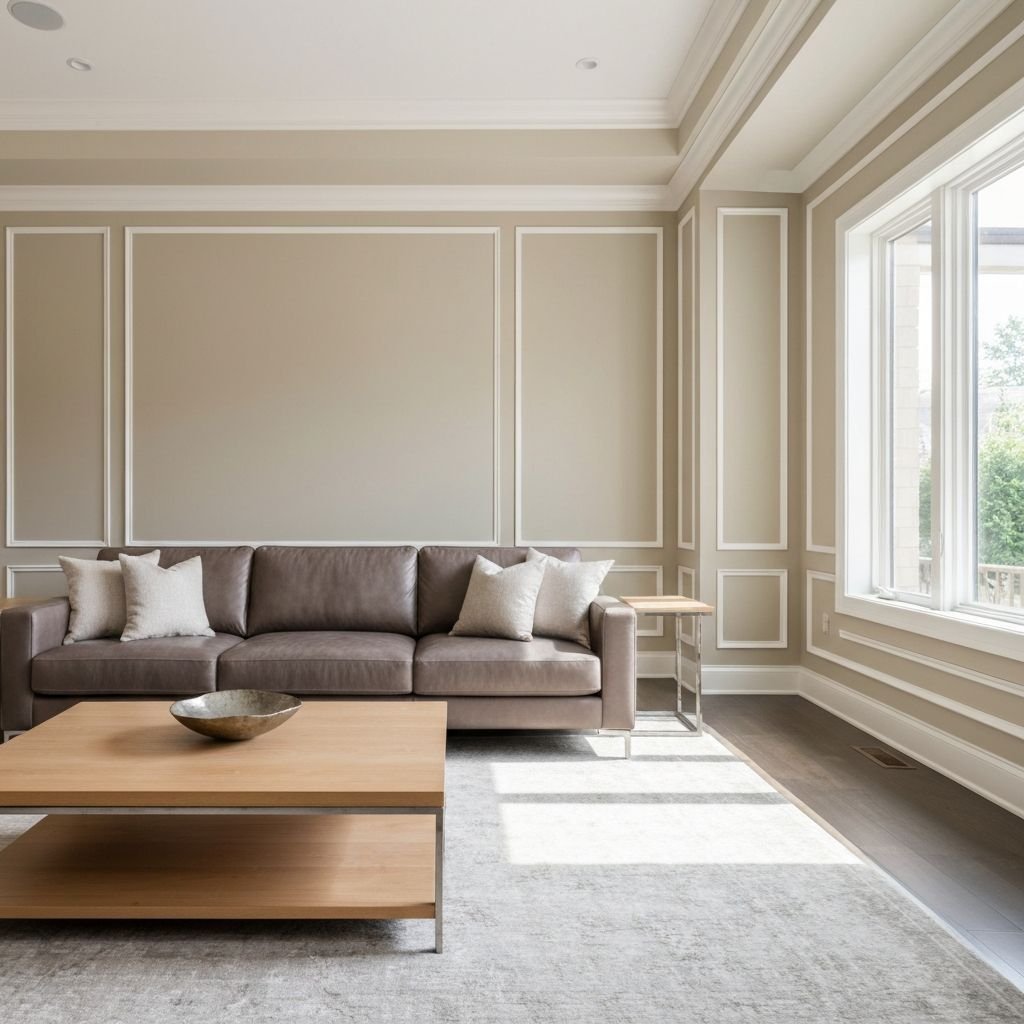 Freshly painted living room with wall paneling and neutral tones