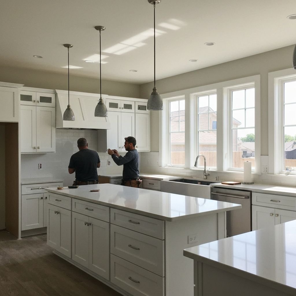 Crew installing cabinetry in a new open kitchen with pendant lights