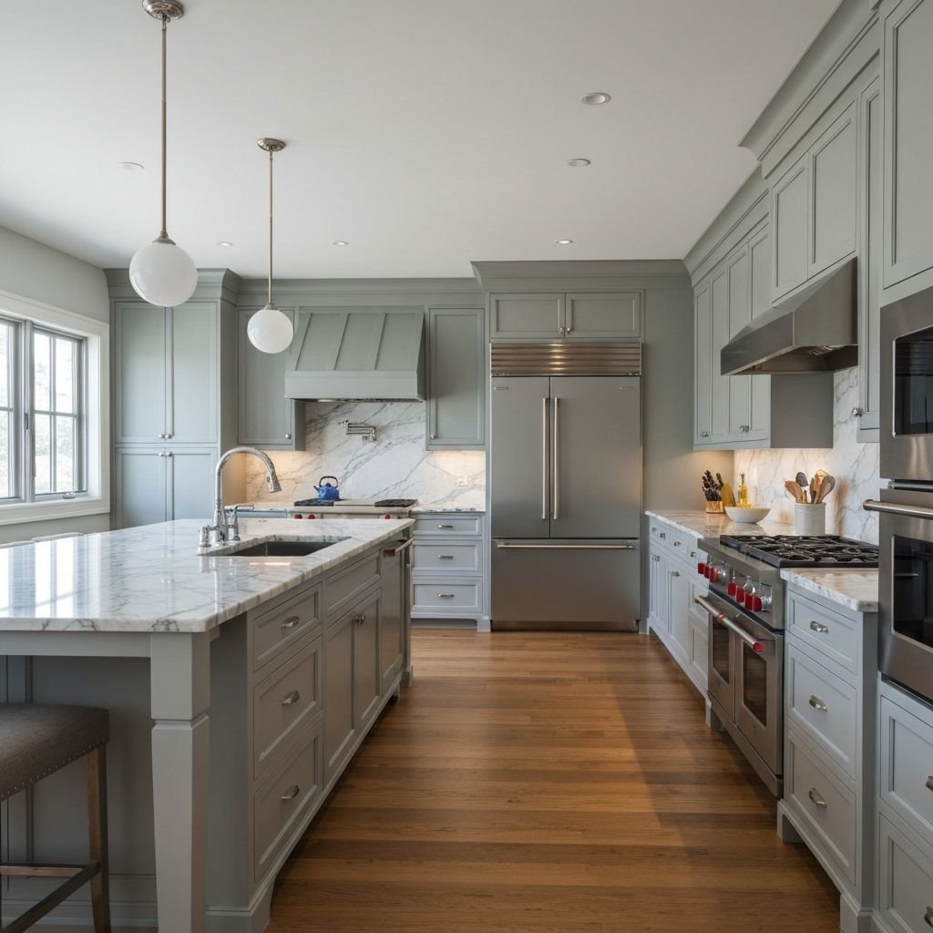 Large renovated kitchen with gray cabinets, island and hardwood floors