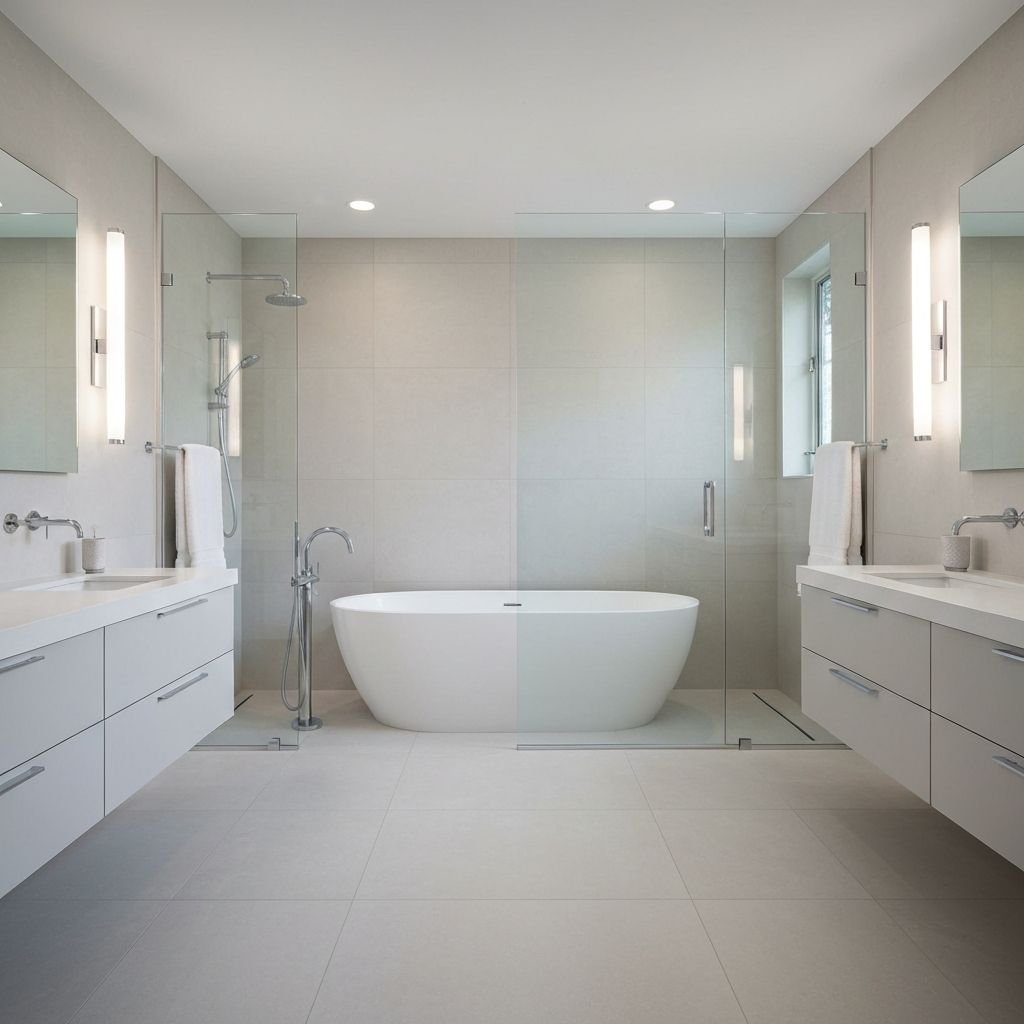 Bathroom renovation with freestanding tub and double vanity