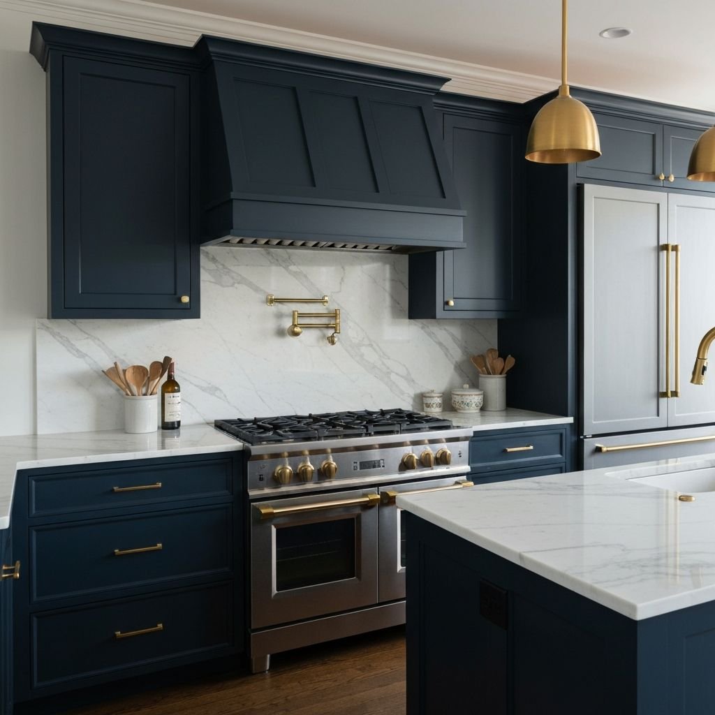 Navy blue kitchen cabinets with marble backsplash and gold fixtures