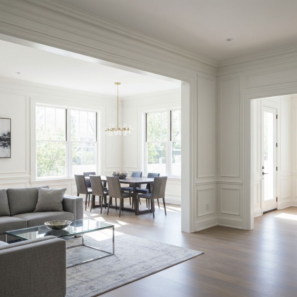 Painted dining and living area with white trim and wainscoting