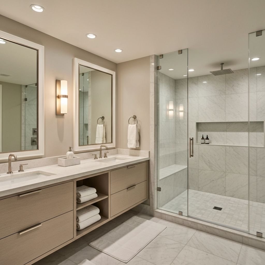 Guest bathroom with glass shower enclosure and wood vanity