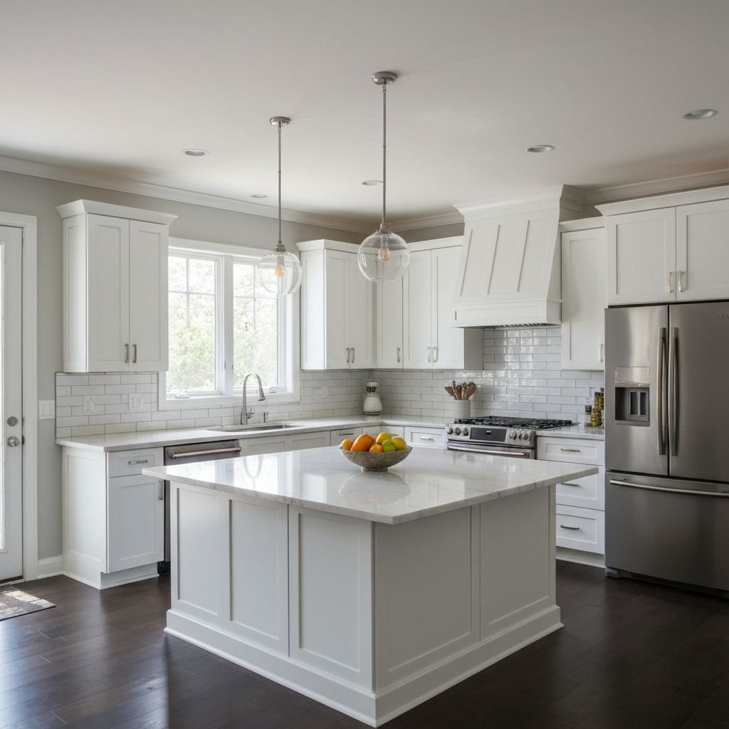 Bright white kitchen with central island and stainless appliances