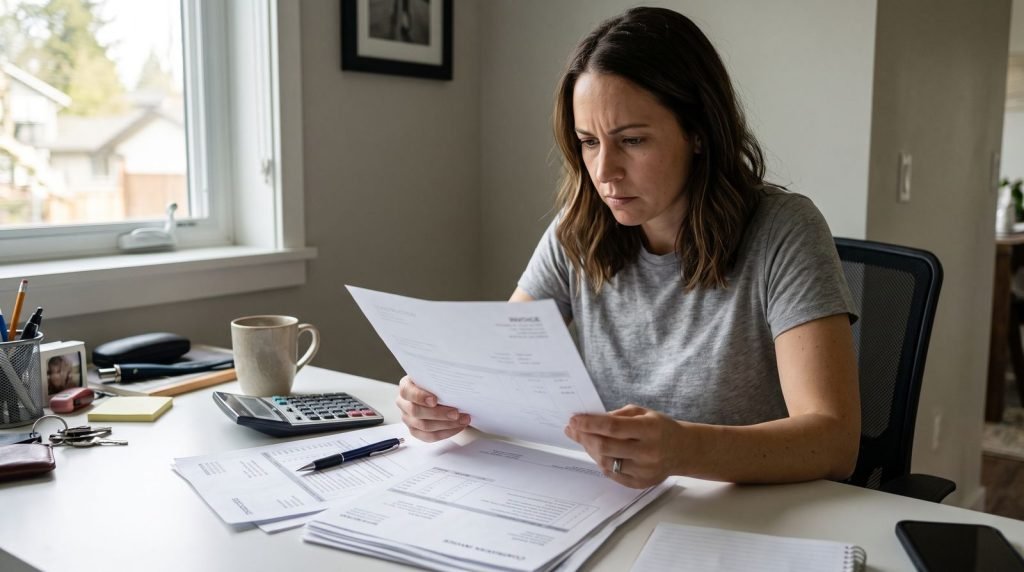 Homeowner reviewing renovation invoice, illustrating the reality of budget overruns in remodeling projects.
