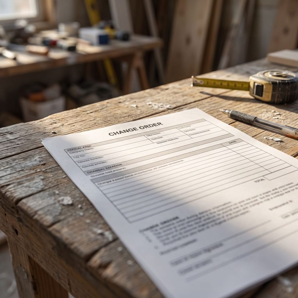 Construction change order document illustrating the importance of written authorization before additional work begins.