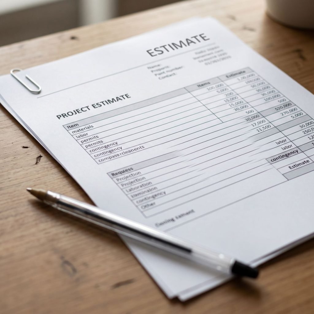 Itemized renovation estimate document showing cost categories including materials, labor, and permits.